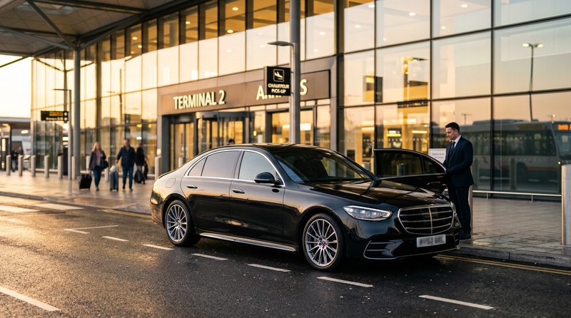 AI illustration: luxury vehicle outside a modern airport terminal