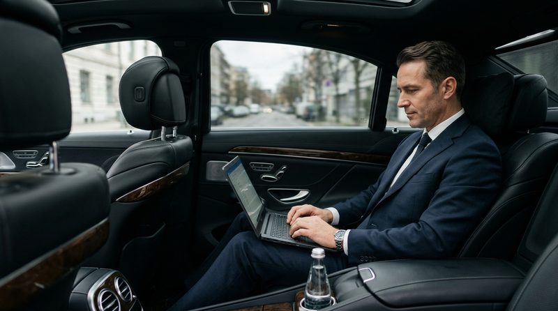 AI illustration: executive working on a laptop in a premium vehicle