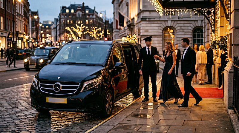 AI illustration: chauffeur assisting guests at an evening venue